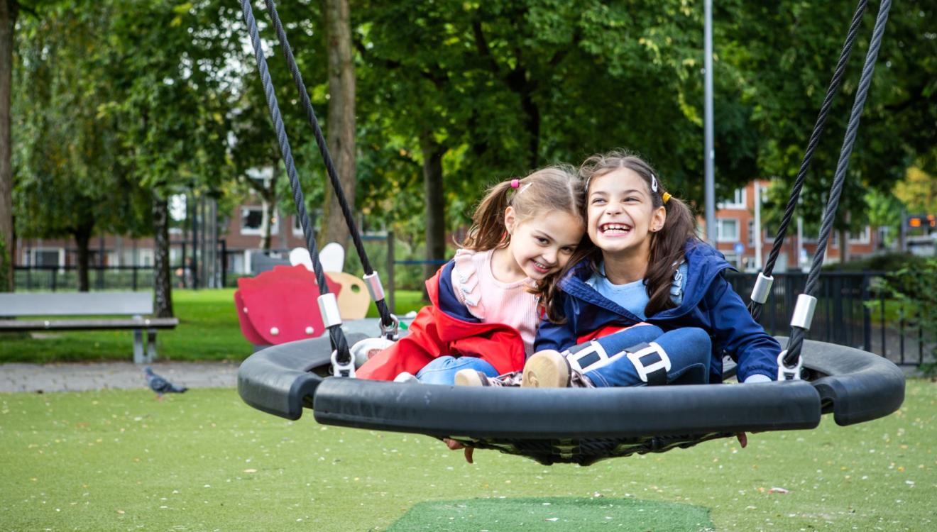 Twee kinderen in een mandschommel